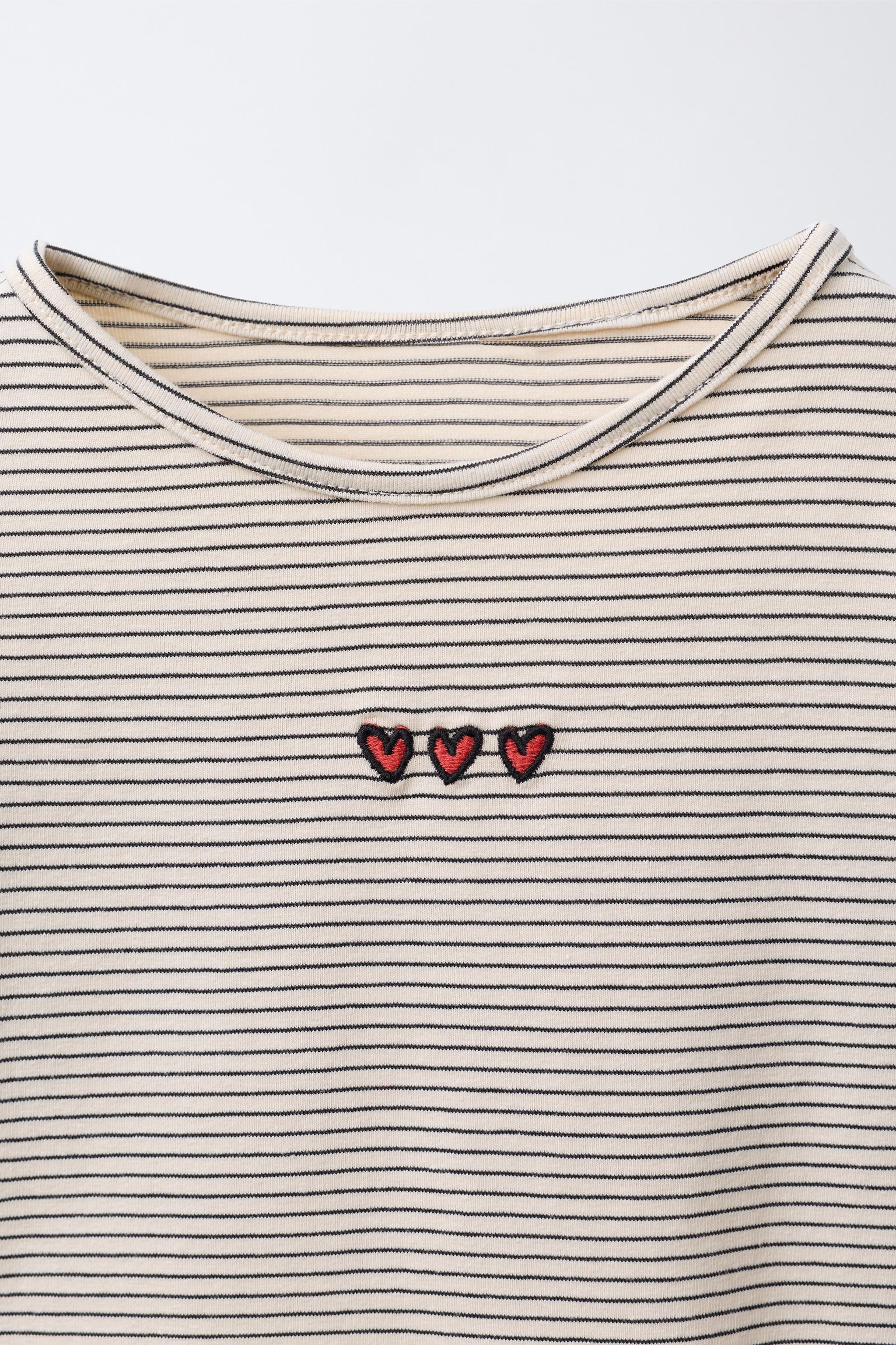 STRIPED T-SHIRT WITH EMBROIDERED HEARTS